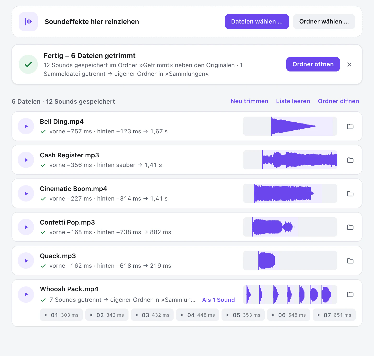 SFX-Trimmer-App: sechs Soundeffekte getrimmt, ein Whoosh-Paket in sieben einzelne Sounds getrennt