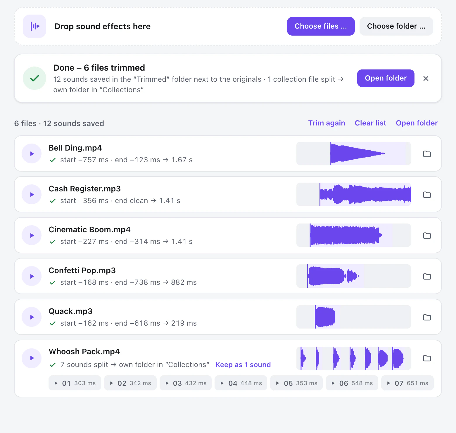 SFX-Trimmer app: six sound effects trimmed, one whoosh pack split into seven single sounds
